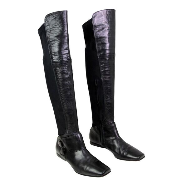 Manas Lea Foscati BLACK REAL LEATHER SUEDE PULL ON TALL RIDING BOOTS SHOES Sz 39 - Picture 1 of 14